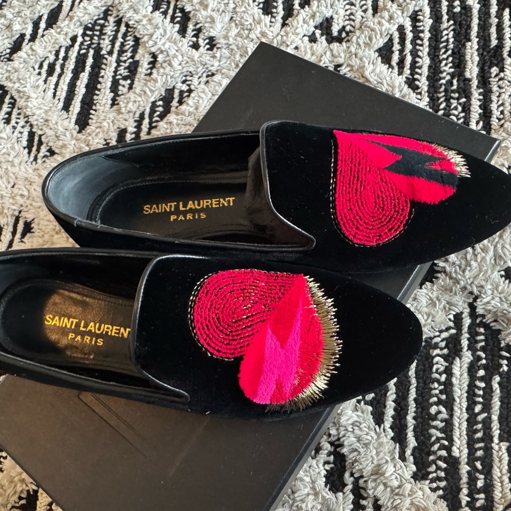 Saint Laurent Velvet Loafers with Red Heart Design